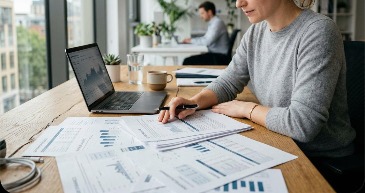 Analyst working with printed reports and a laptop